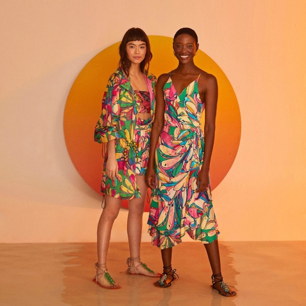 Farm Rio Rainbow Banana Midi Wrap Dress